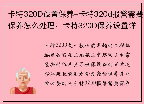 卡特320D设置保养-卡特320d报警需要保养怎么处理：卡特320D保养设置详解