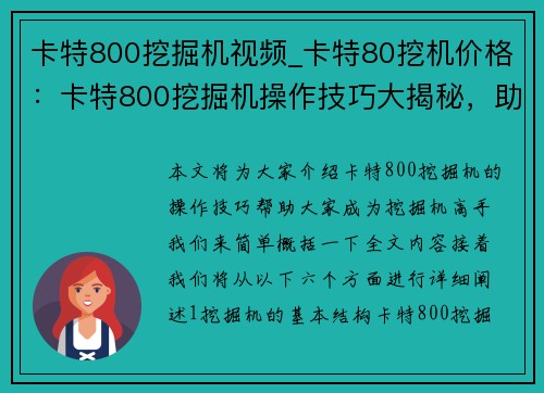 卡特800挖掘机视频_卡特80挖机价格：卡特800挖掘机操作技巧大揭秘，助你成为挖掘机高手